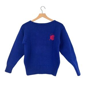 Vintage Ralph Lauren 100% Wool Knit Navy Blue Pullover Sweater Logo Crest